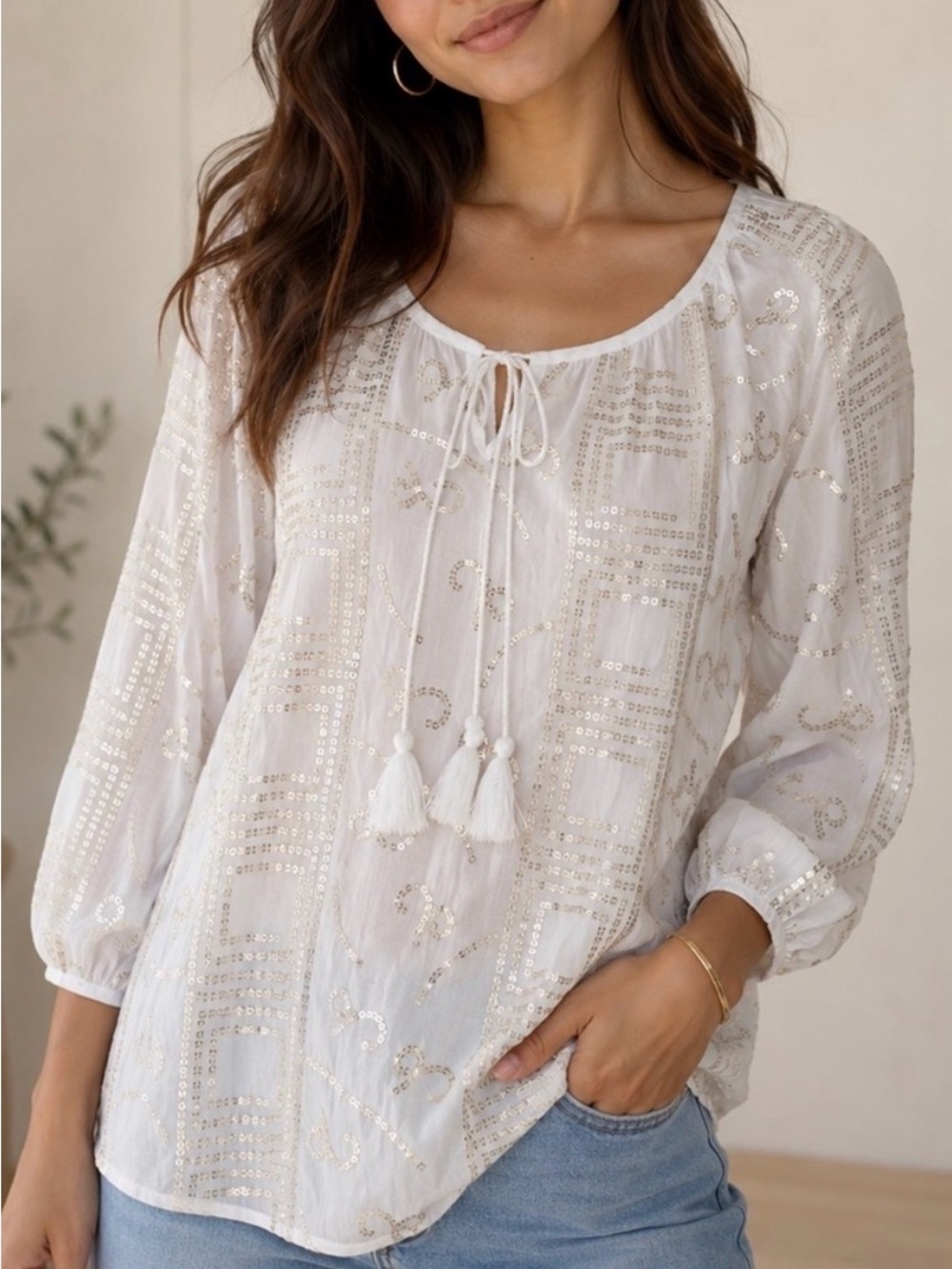 Oliphant cotton peasant blouse white with gold sequin size extra small